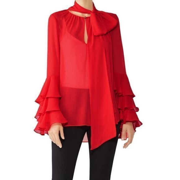 PRABAL GURUNG Red Chiffon Sheer Bell Sleeve Blouse SMALL 6R - Picture 1 of 7